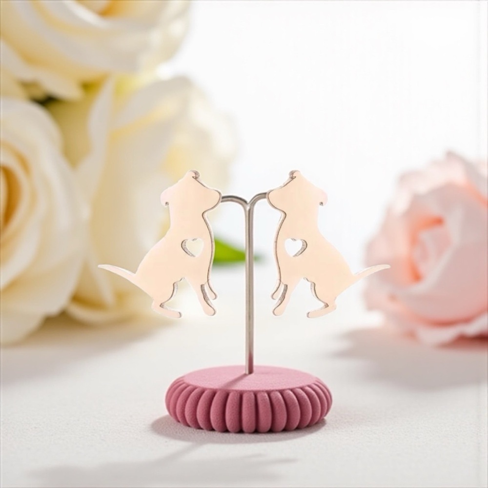 Cute Rose Gold Dog Stud Earrings With A Heart Cutout - NWOT